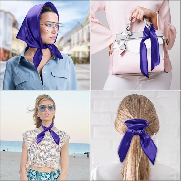 Women's Purple Silk Feeling Scarf 23.6'' Square Satin Scarf Neck Head Bandana - Picture 7 of 7